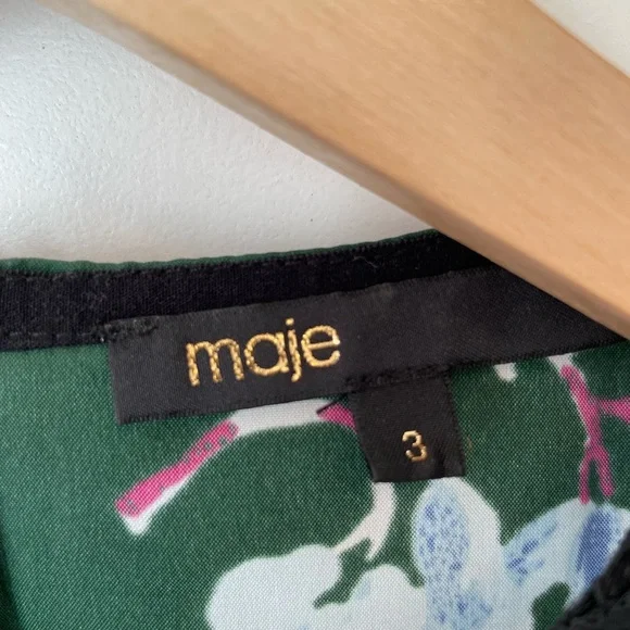 Maje | asymmetrical | black lace neckline | floral | silk |midi dress. - Picture 5 of 9